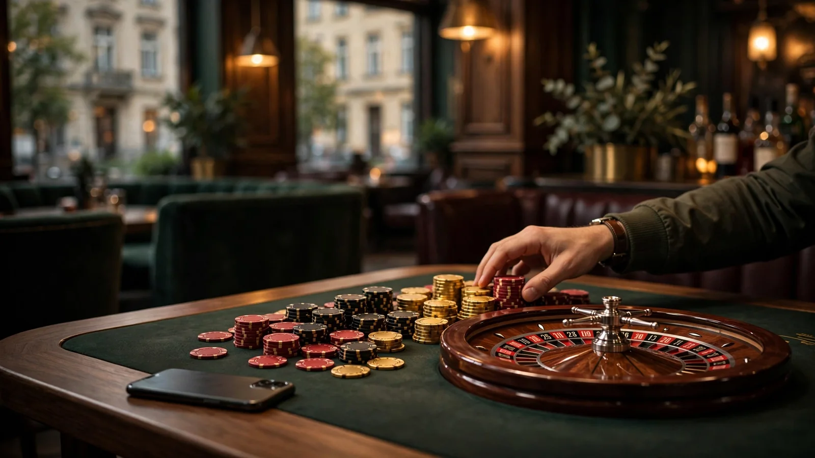 Casino-Tisch mit Jetons und Roulette in warmem Licht