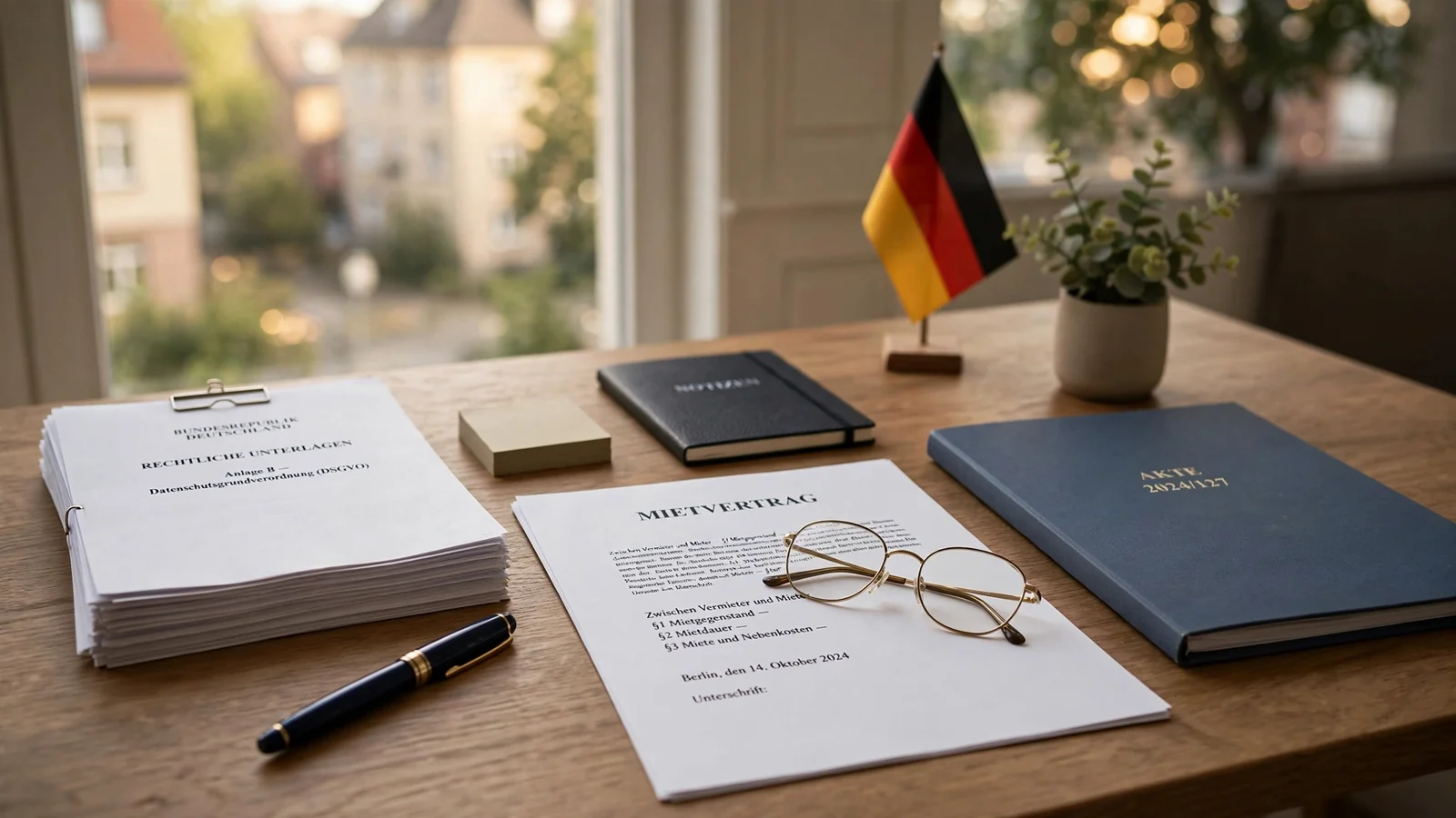 Ordnungsgemäßer Schreibtisch mit juristischen Dokumenten und deutscher Flagge