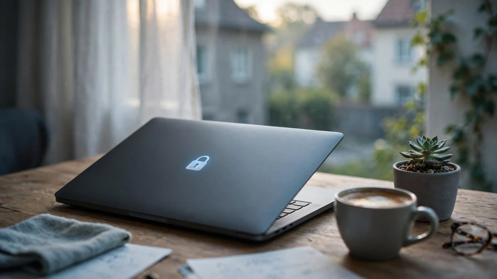 Laptop mit Datenschutzfilter und Schlosssymbol in einem ruhigen Heimbüro