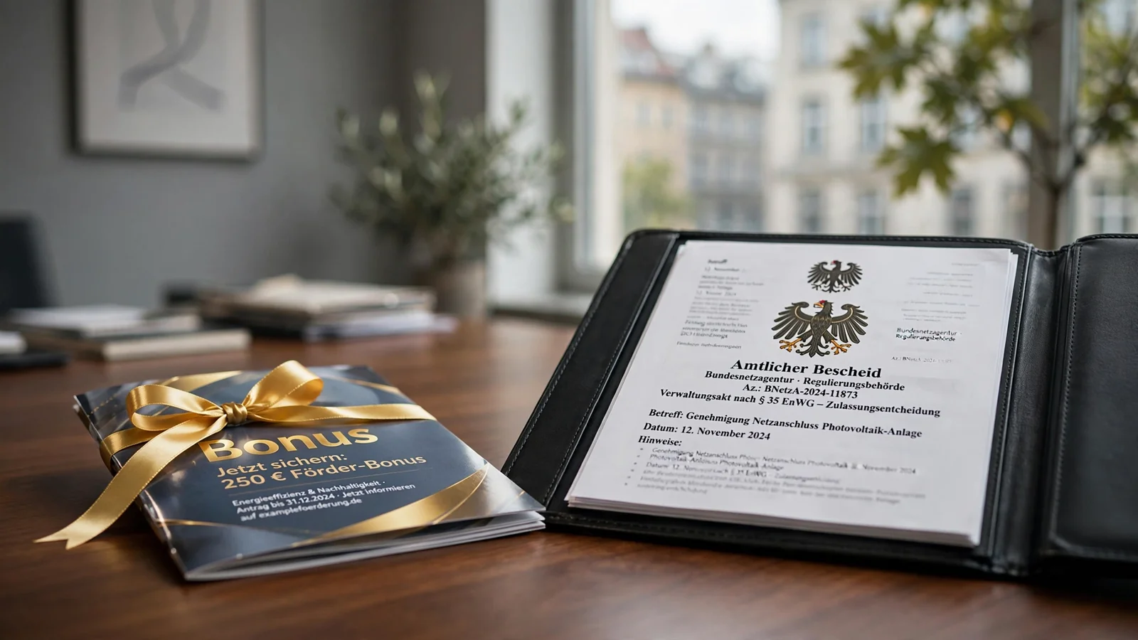 Werbebroschüre neben deutschem Genehmigungsdokument auf Schreibtisch