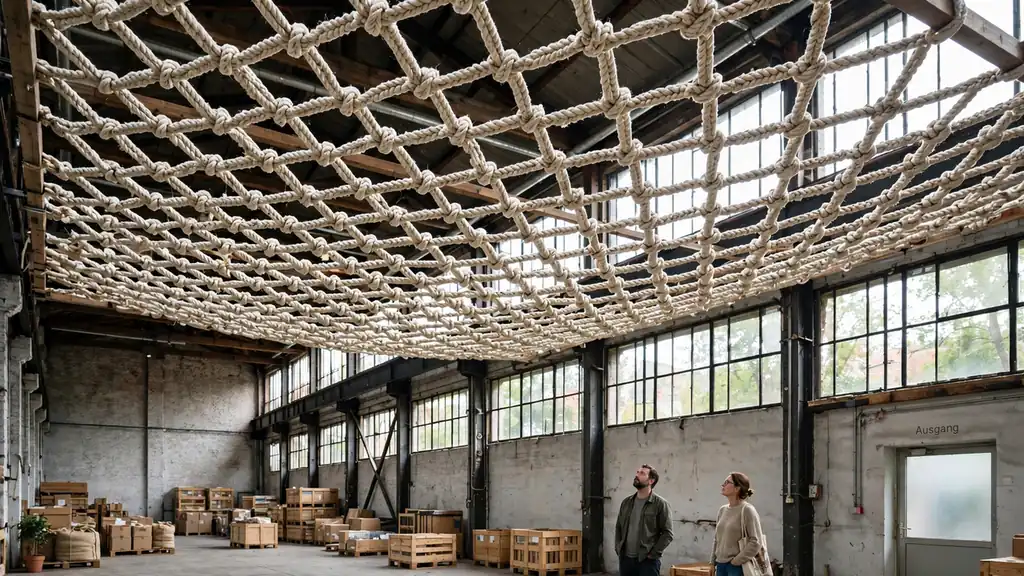 Gewebtes Schutznetz in einer deutschen Lagerhalle