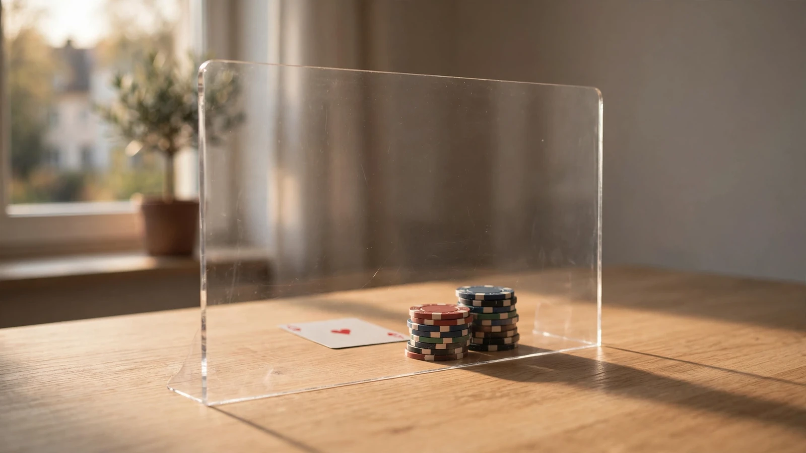 Transparente Schutzbarriere vor geordneten Pokerchips und Spielkarten auf einem Schreibtisch